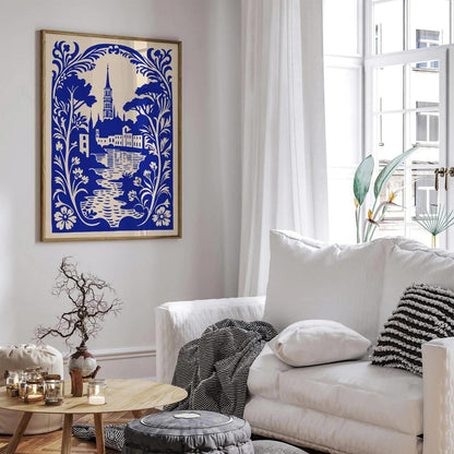 Prague, Czech Republic Blue Travel Linocut Art Print