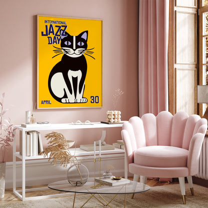 Jazz Day Yellow Poster with Funny Cat