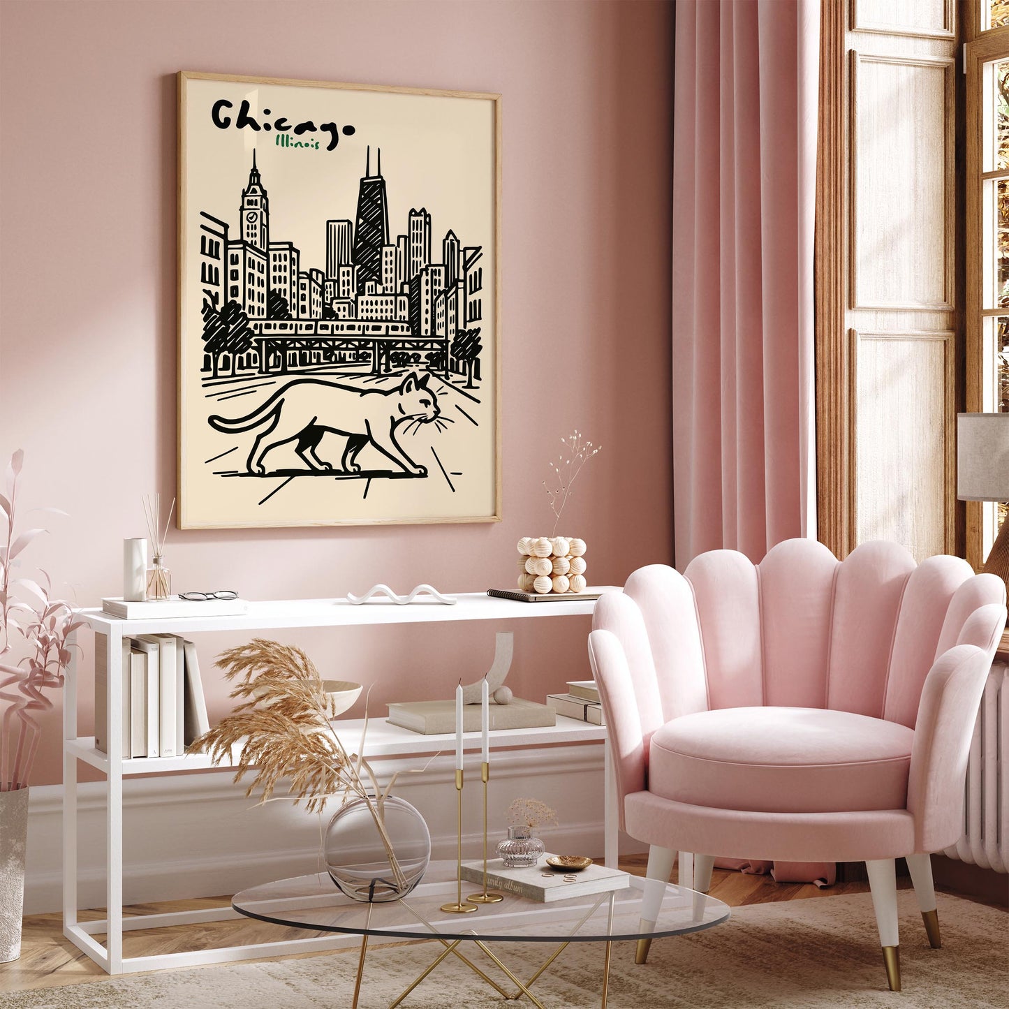 Chicago Illinois Poster - Walking Cat Wall Art Print
