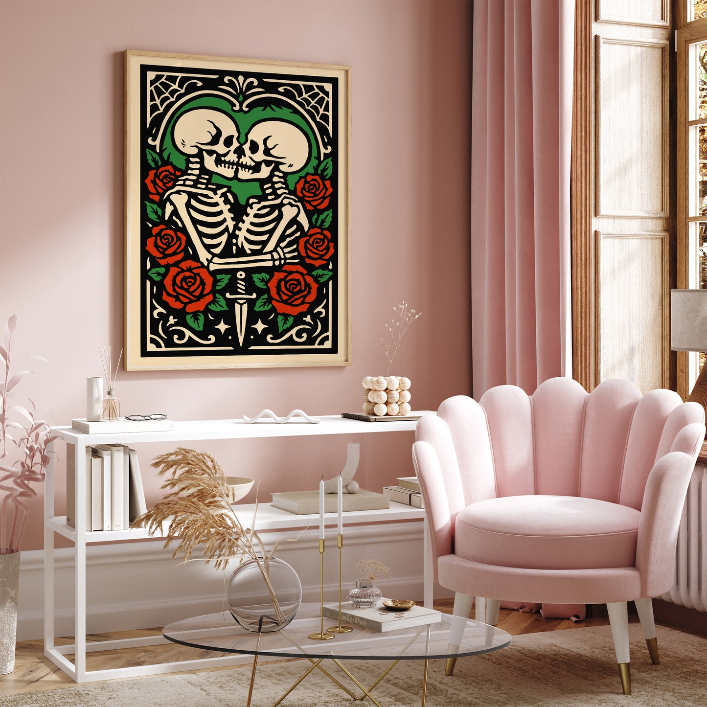 Rockabilly Skeletons Couple Poster - Halloween Romantic Kiss Art Print