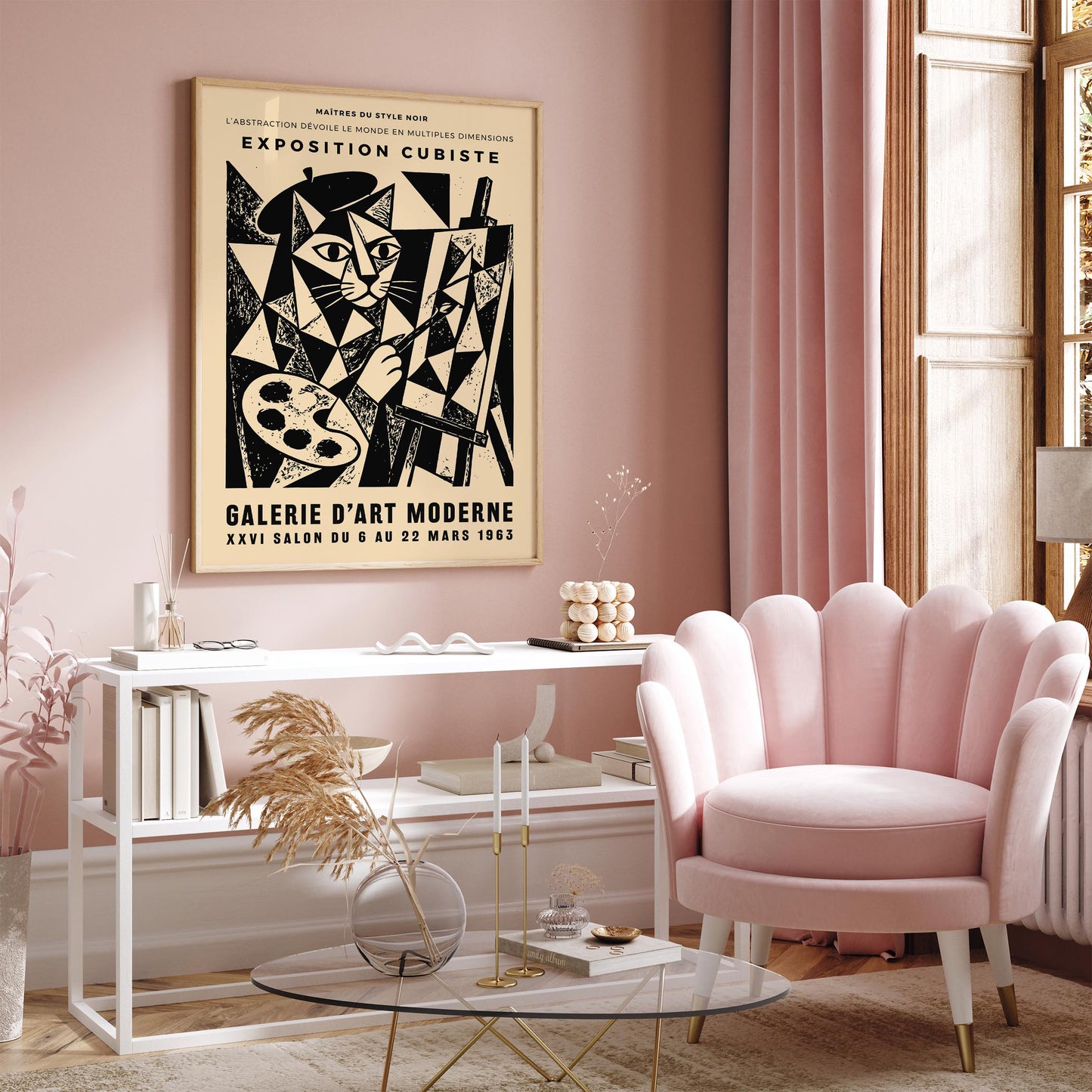 Cat Painter Poster – Vintage Cubism Exhibition Wall Art Print