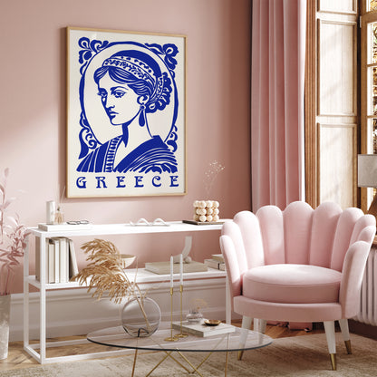 Blue Greece Woman Portrait Print