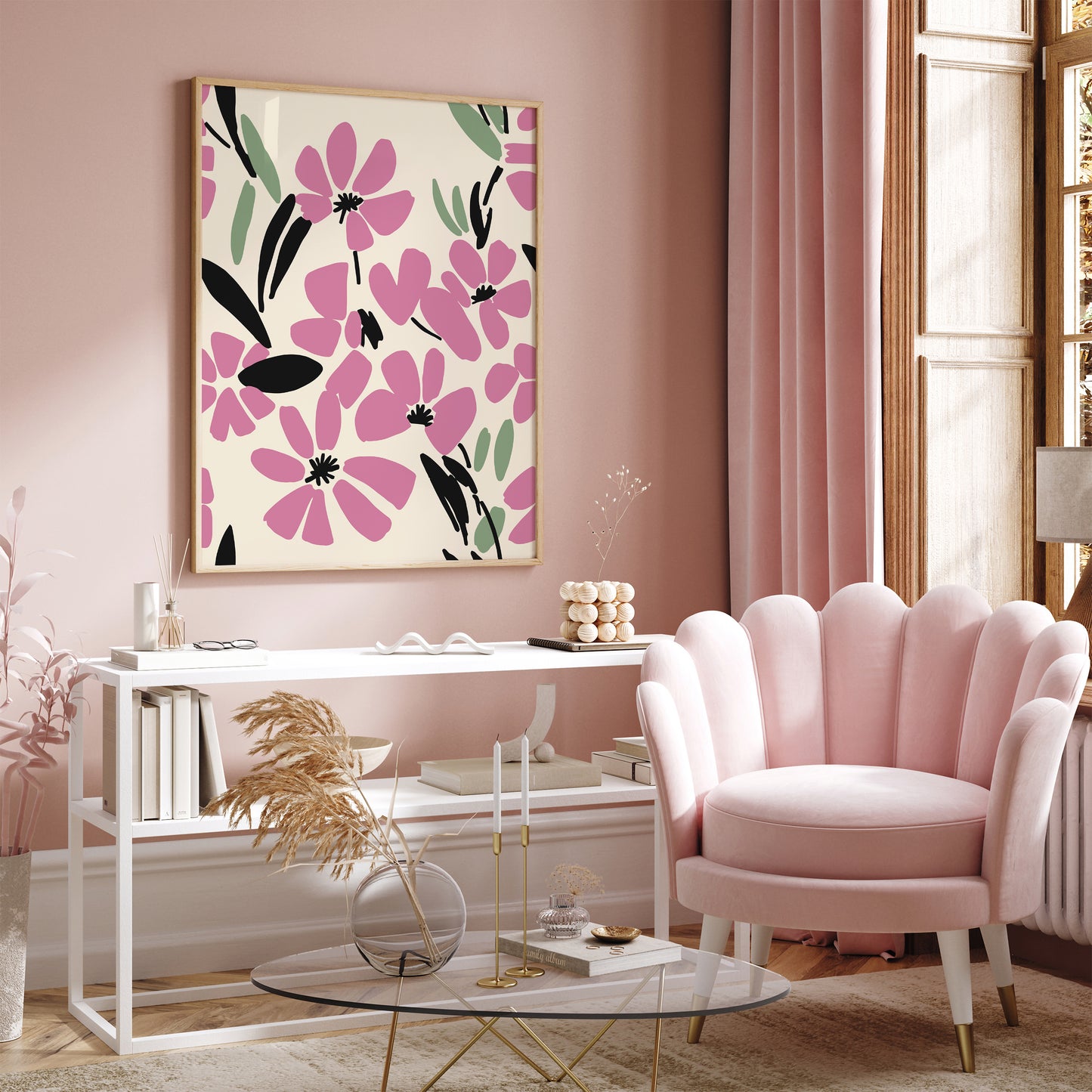 Pink Flowers Living Room Wall Decor