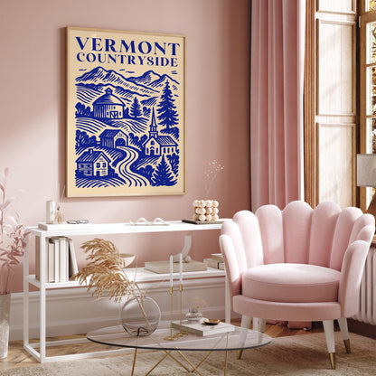 Vermont Countryside Blue Travel Poster