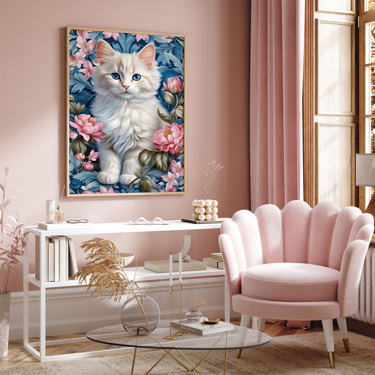 Cute White Cat in Blue Flowers Poster