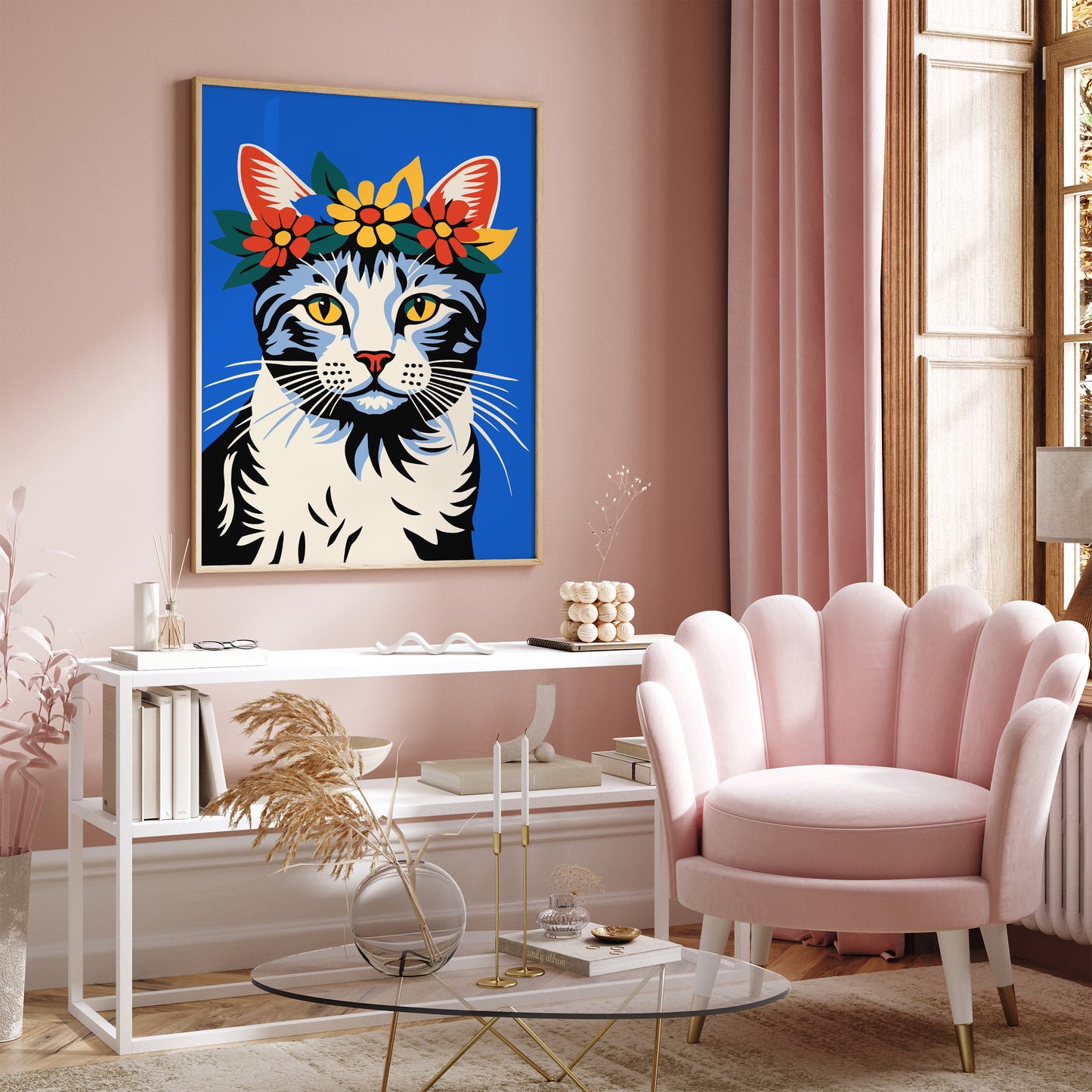 Cat with Flower Crown Blue Art Print