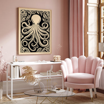 Octopus Rococo Style Black Animal Art Print