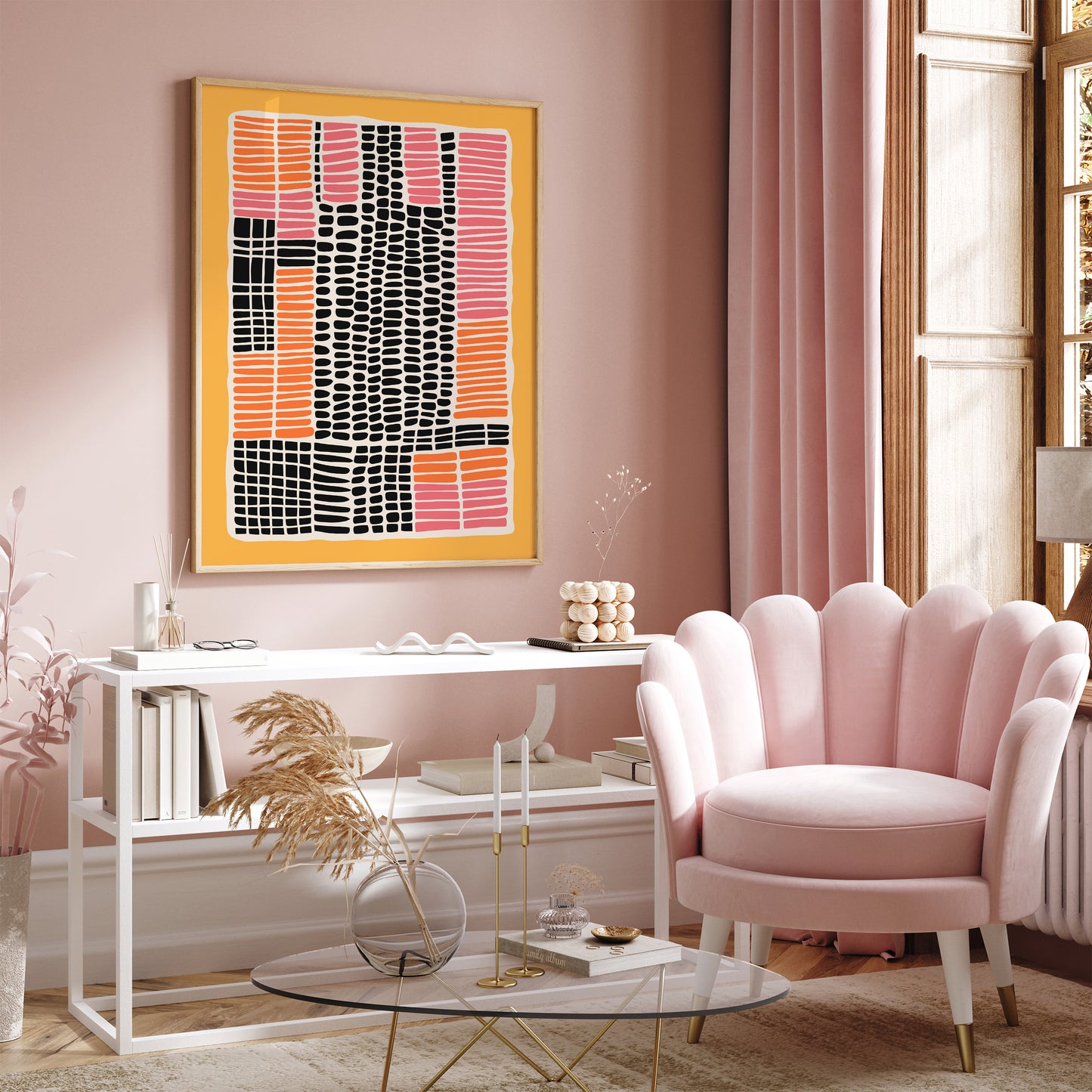 Mid Century Modern Dots Pink Yellow Wall Art