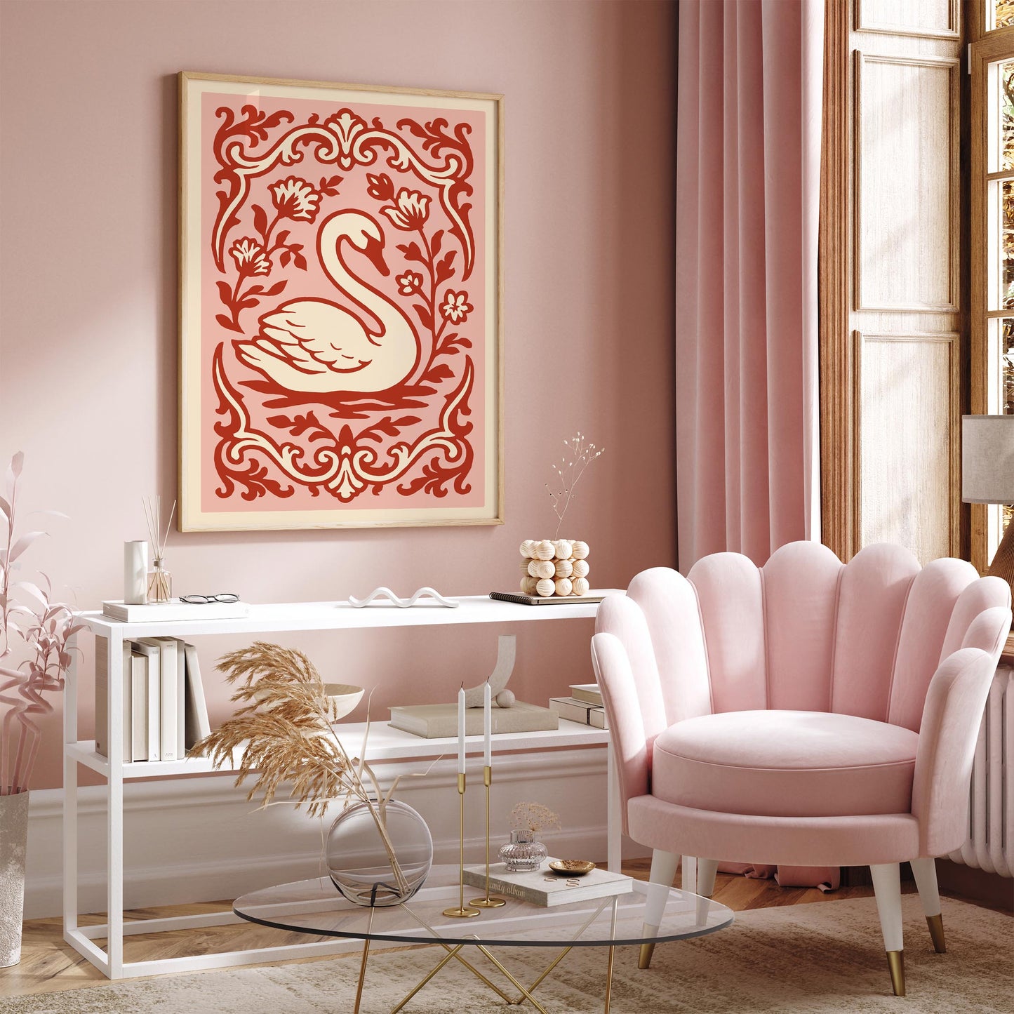 Rococo Swan Poster – Pink Red Vintage Wall Art