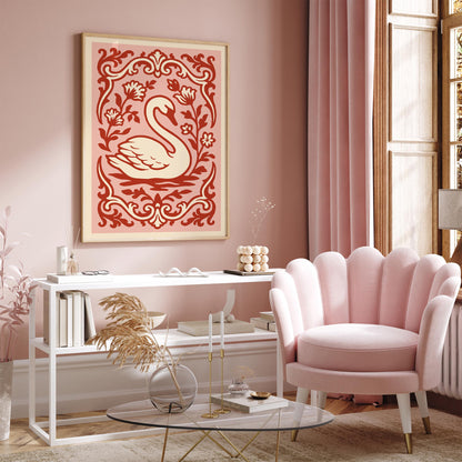 Rococo Swan Poster – Pink Red Vintage Wall Art