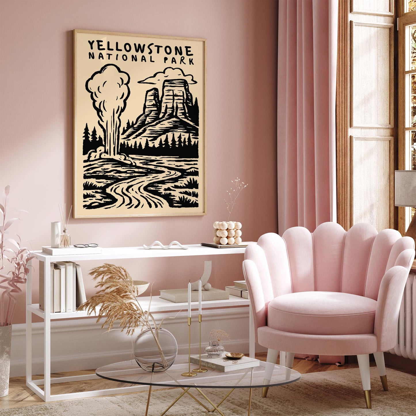 Yellowstone National Park Poster - Black Ink Wall Art
