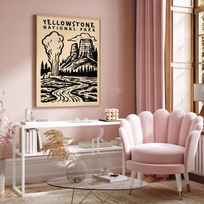 Yellowstone National Park Poster - Black Ink Wall Art