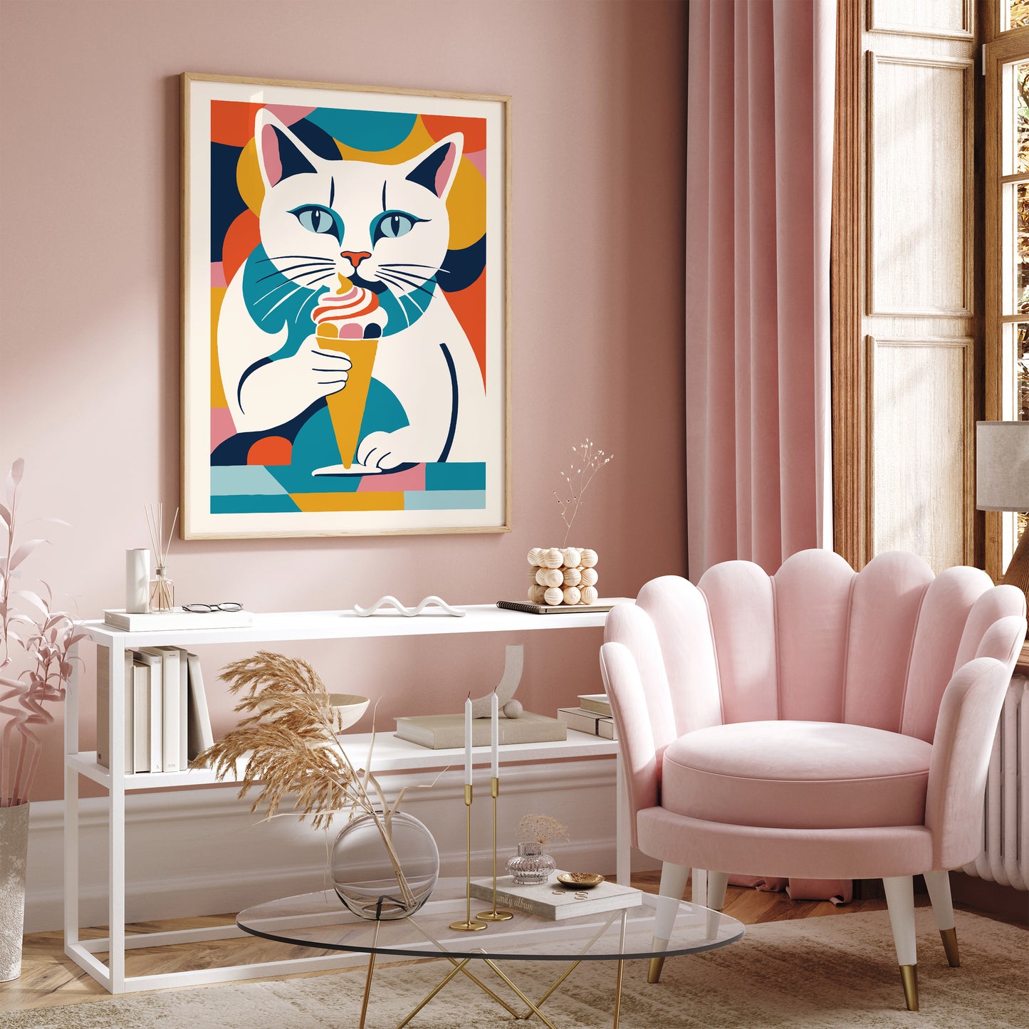 Cat with Ice Cream Poster Kids Room Wall Art