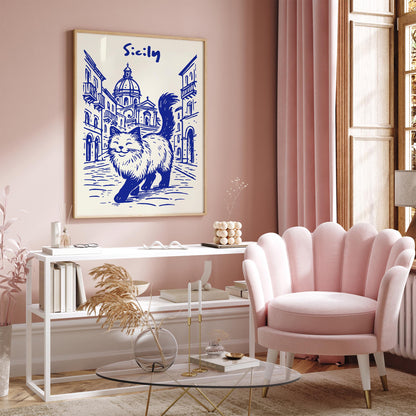 Sicily Blue Poster - Funny Cat Walking in Italy