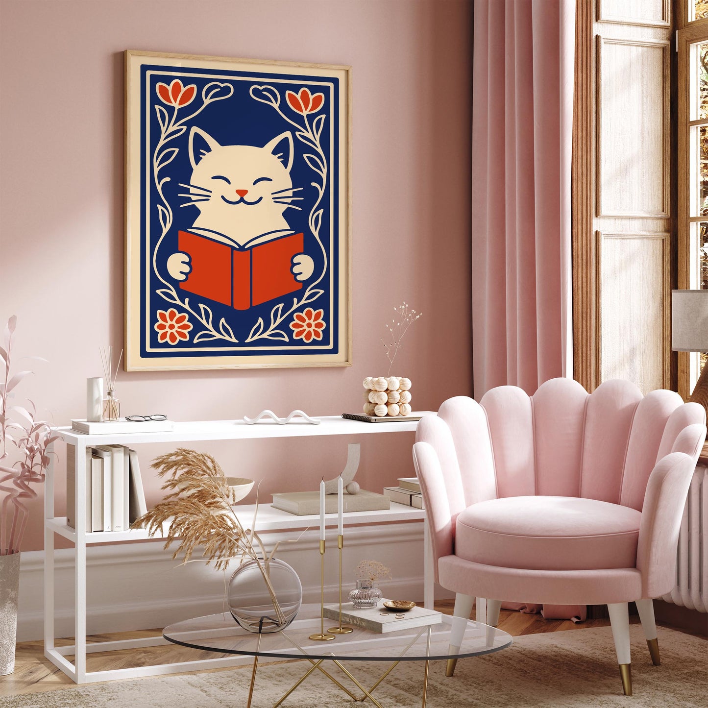 Cute White Cat with a Book Poster