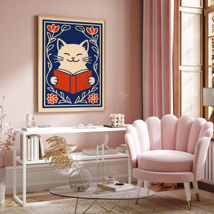 Cute White Cat with a Book Poster