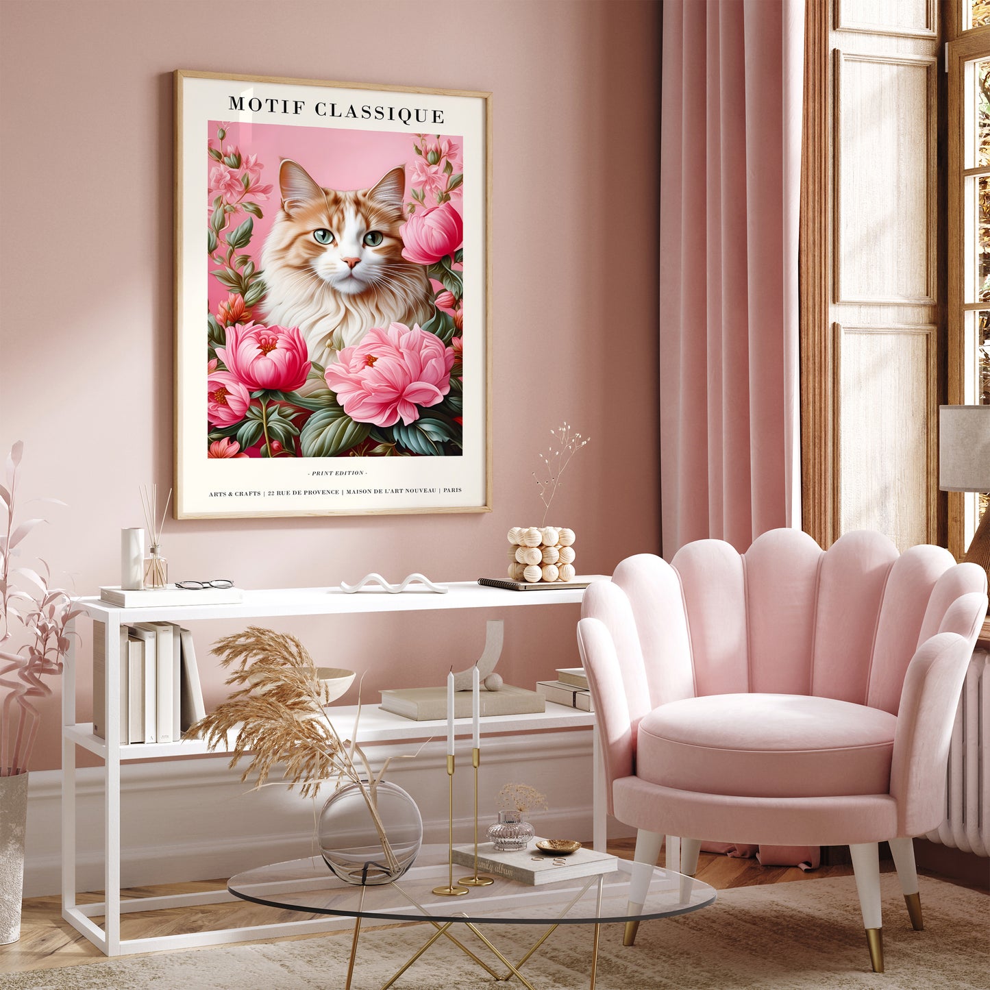 Cute Pink Cat Portrait in Art Nouveau Style Wall Art