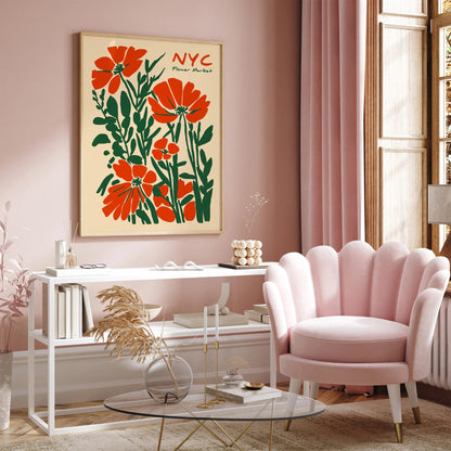NYC Flower Market Wall Art – Red & Green Floral Poster Print