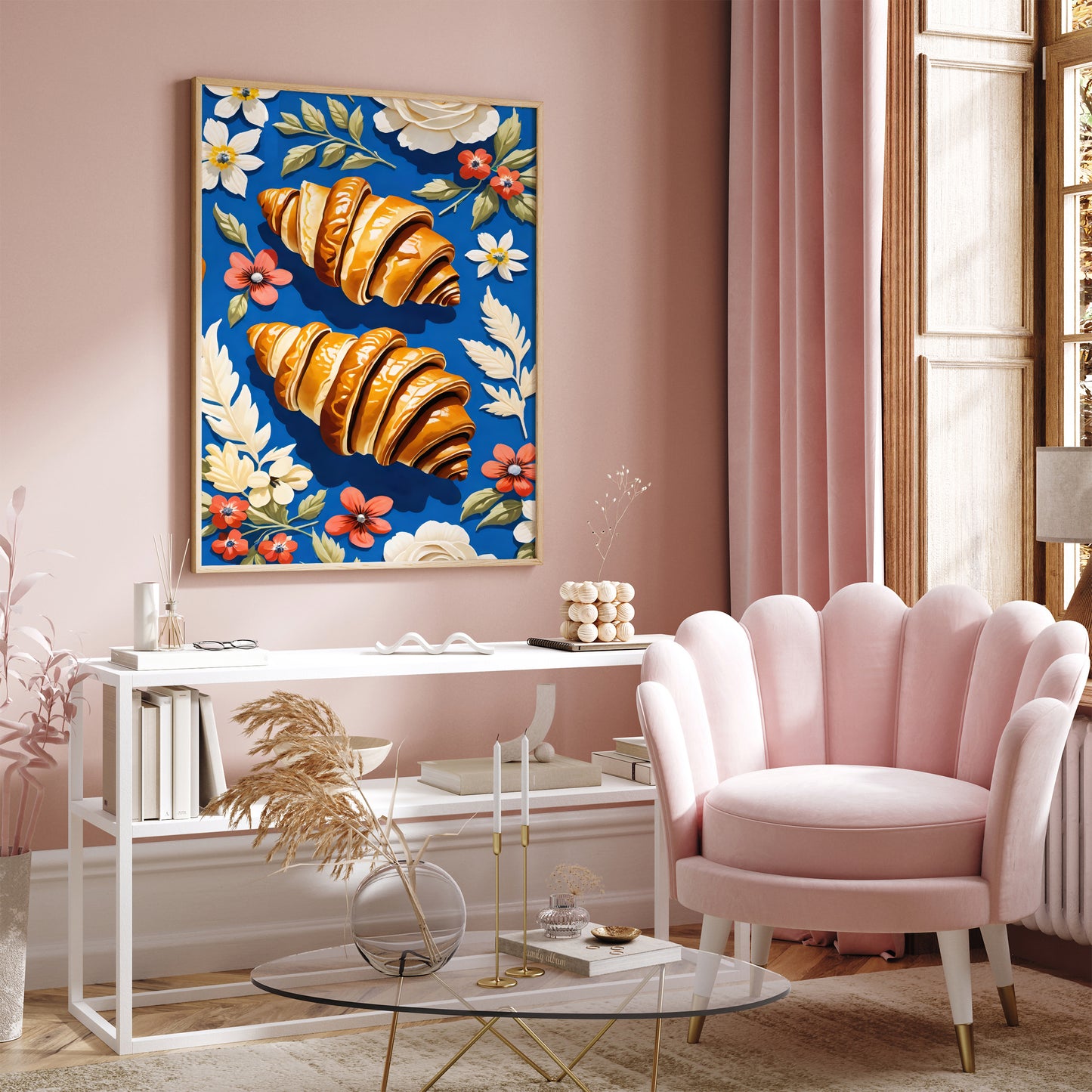 Blue Croissants and Flowers Poster