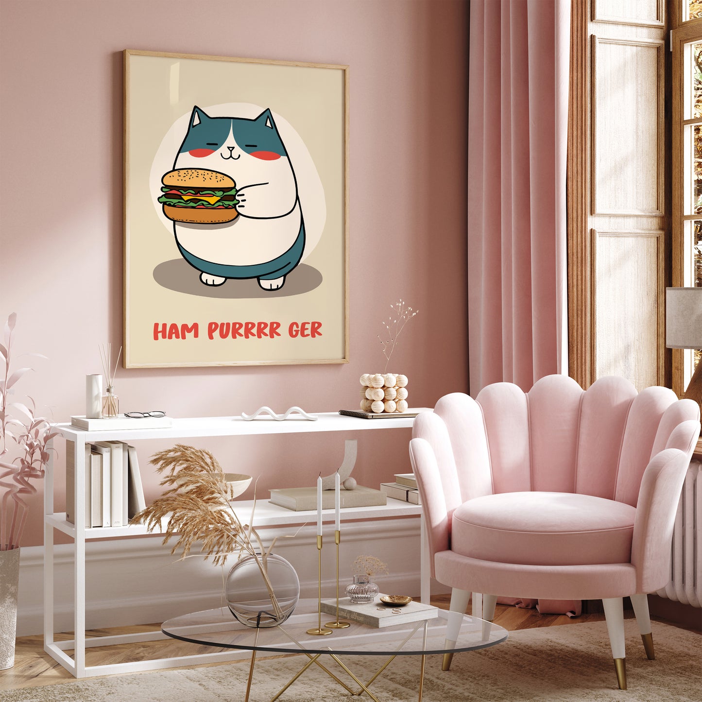 Funny Cartoon Cat with Hamburger Art Print