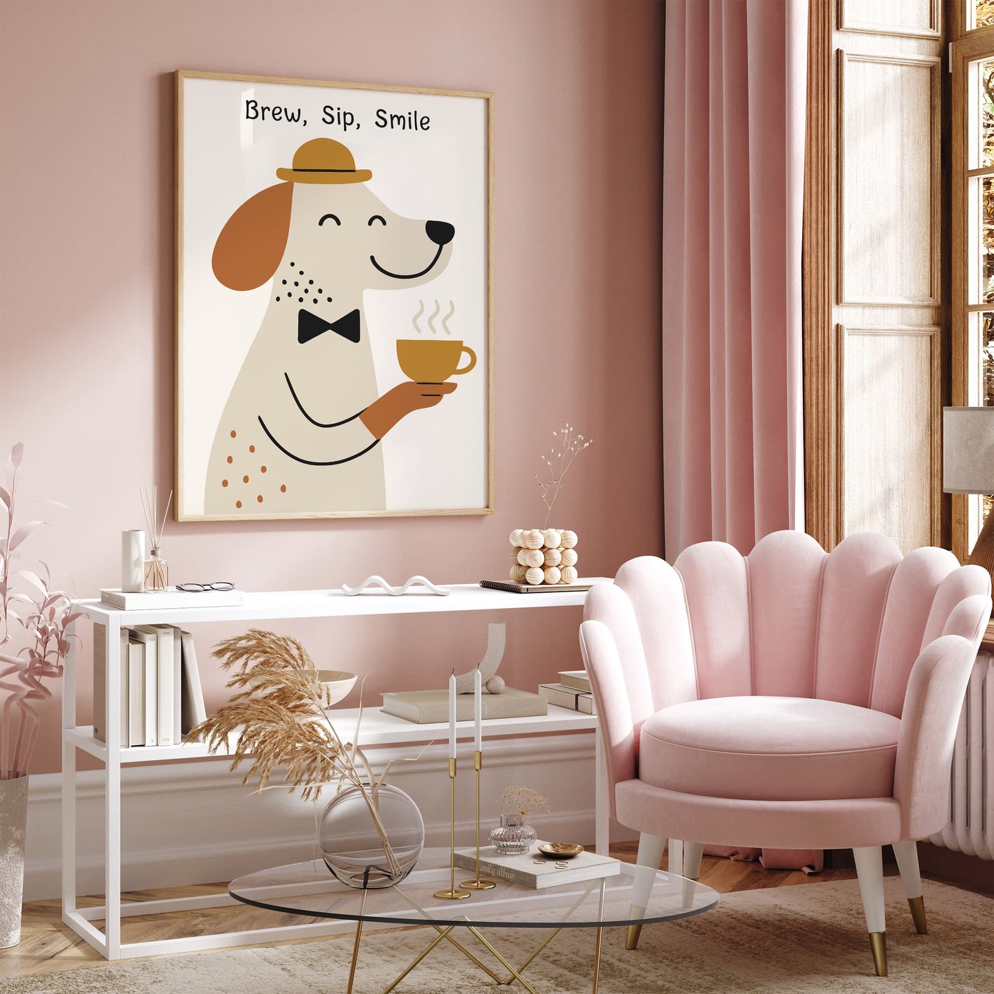 Brew Sip Smile Poster - Cute Dog with Tea Art Print