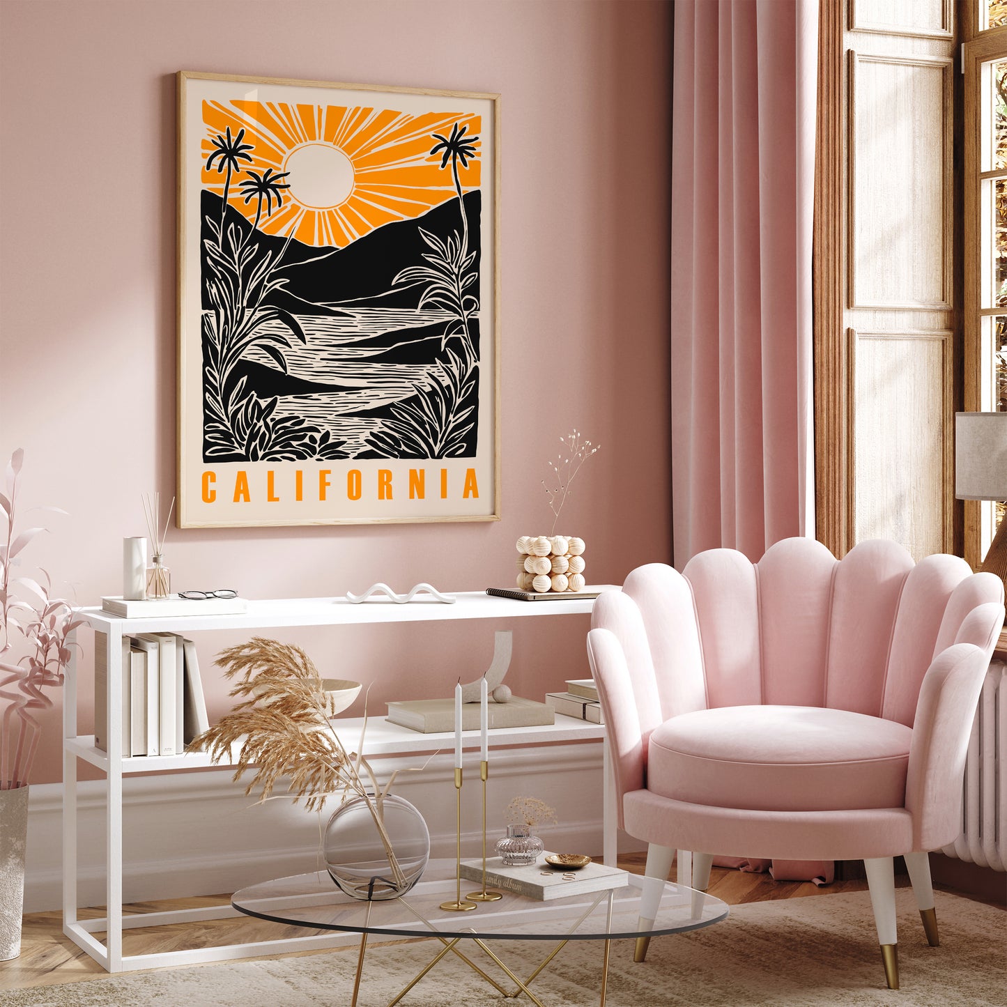 California Linocut Sunset Art Print