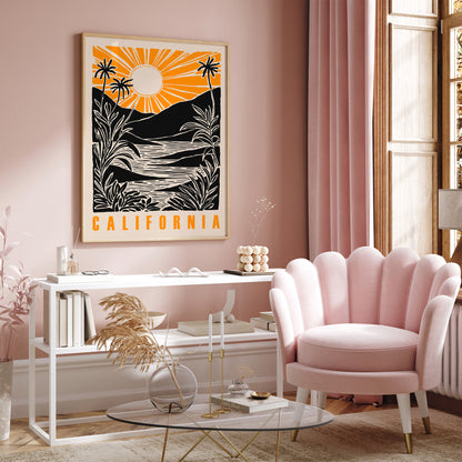 California Linocut Sunset Art Print