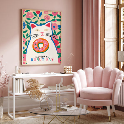 National Donut Day Pink Cat Poster 2024