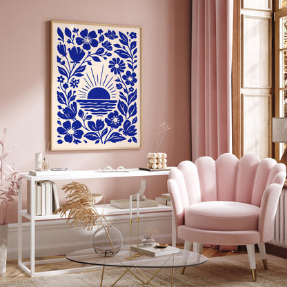 Blue Sunset & Flowers Poster – Botanical Nature Wall Art Print