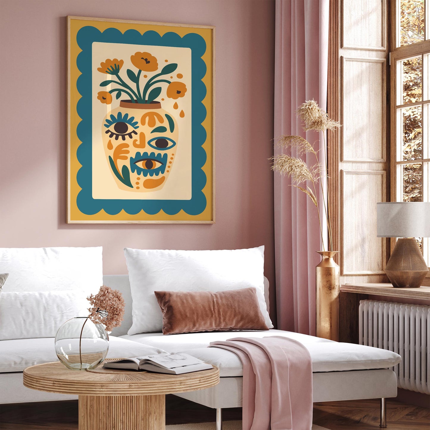 Boho Floral Vase with Eyes – Retro Wall Art