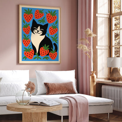 Cat in Strawberries Poster