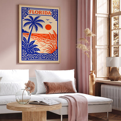 Florida Retro Travel Poster - Vintage Beach Palm Tree Wall Art