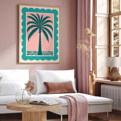 Palm Tree Pink Teal Poster - Retro Tropical Beach Wall Art