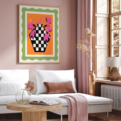 Retro Tulips Poster - Pink Floral Checkerboard Wall Art
