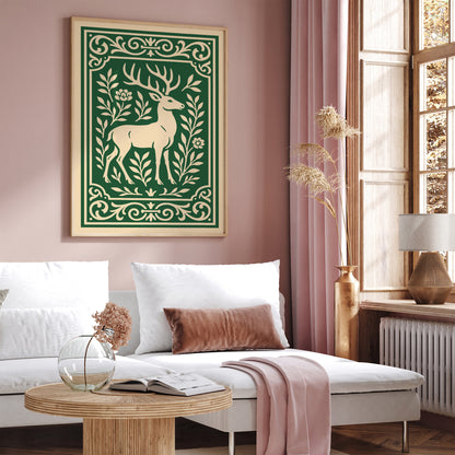 Green Linocut of Deer Poster