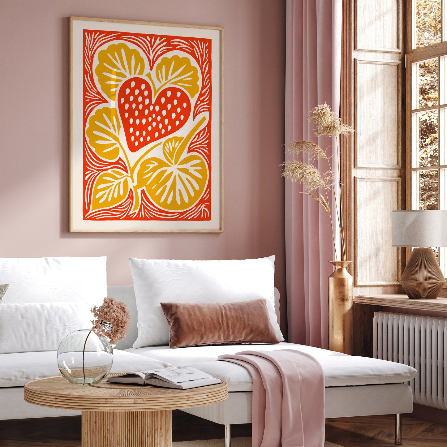 Retro Strawberry Wall Art - Yellow Vintage Fruit