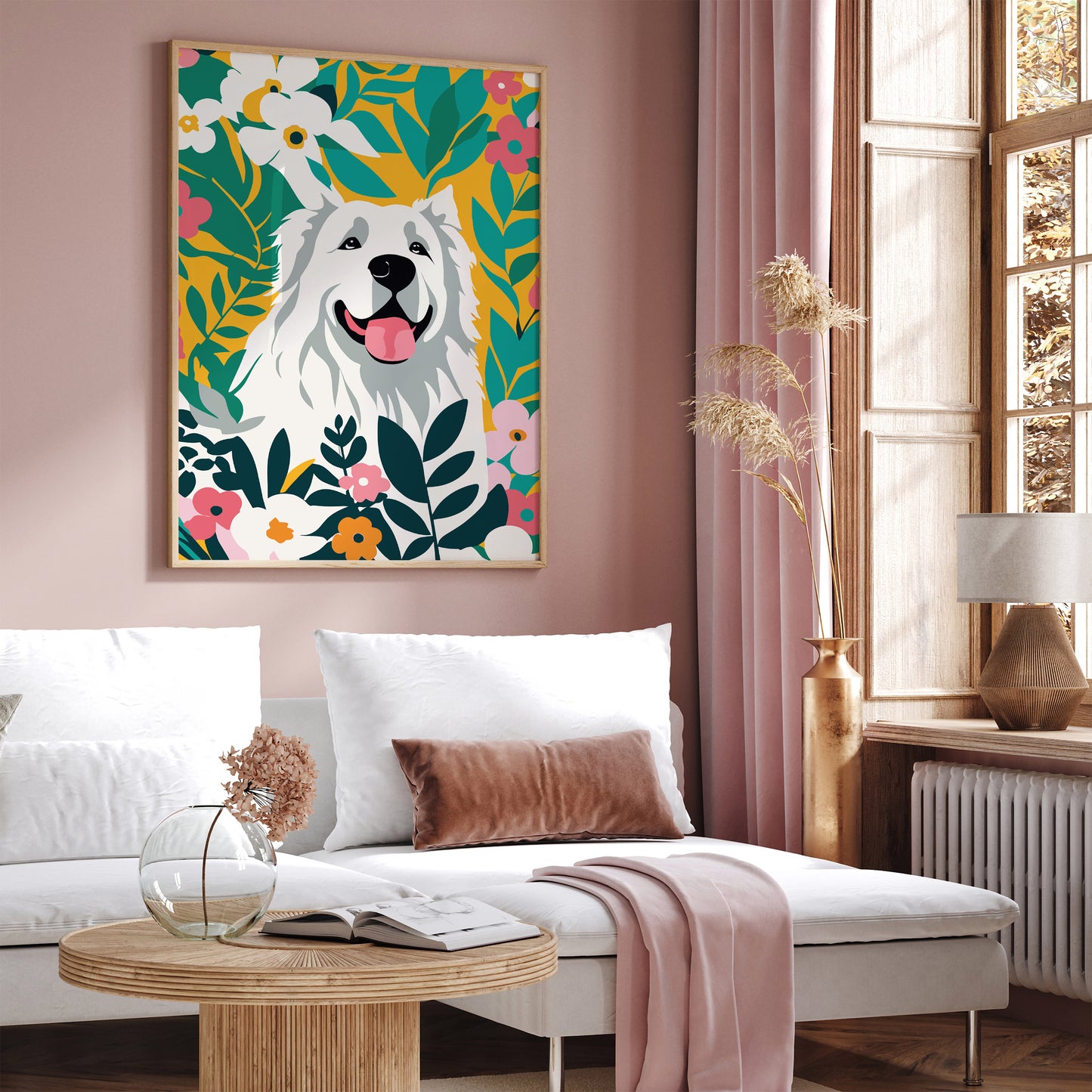 Joyful Dog Amidst Vibrant Blossoms Poster