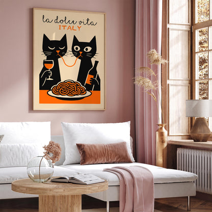 La Dolce Vita Poster - Two Funny Cat Eating Spaghetti Print