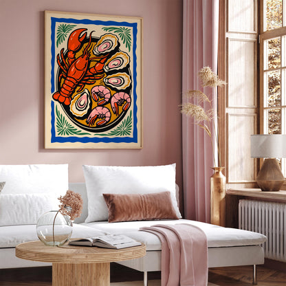 Colorful Retro Seafood Plate Poster - Seafood Lovers Gift
