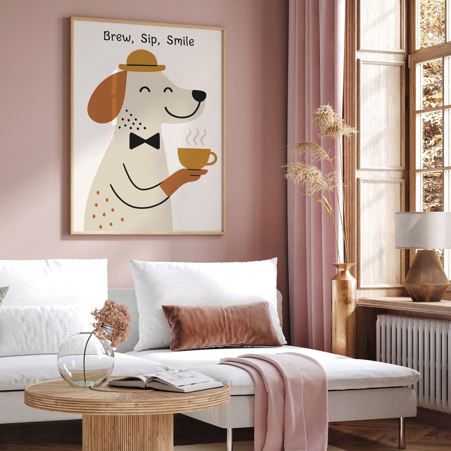 Brew Sip Smile Poster - Cute Dog with Tea Art Print