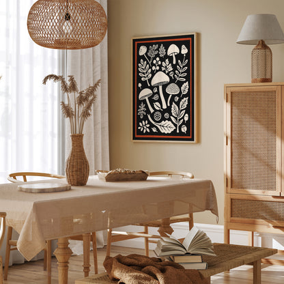 Vintage Forest Mushrooms Black Wall Art