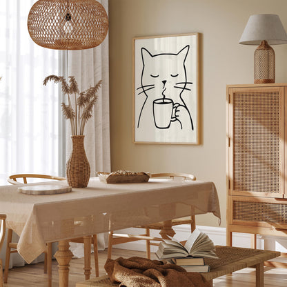Line Art Cat with a Cup of Coffee Poster