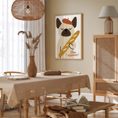 Bon Appetit! Cute Dog with Baguette Poster