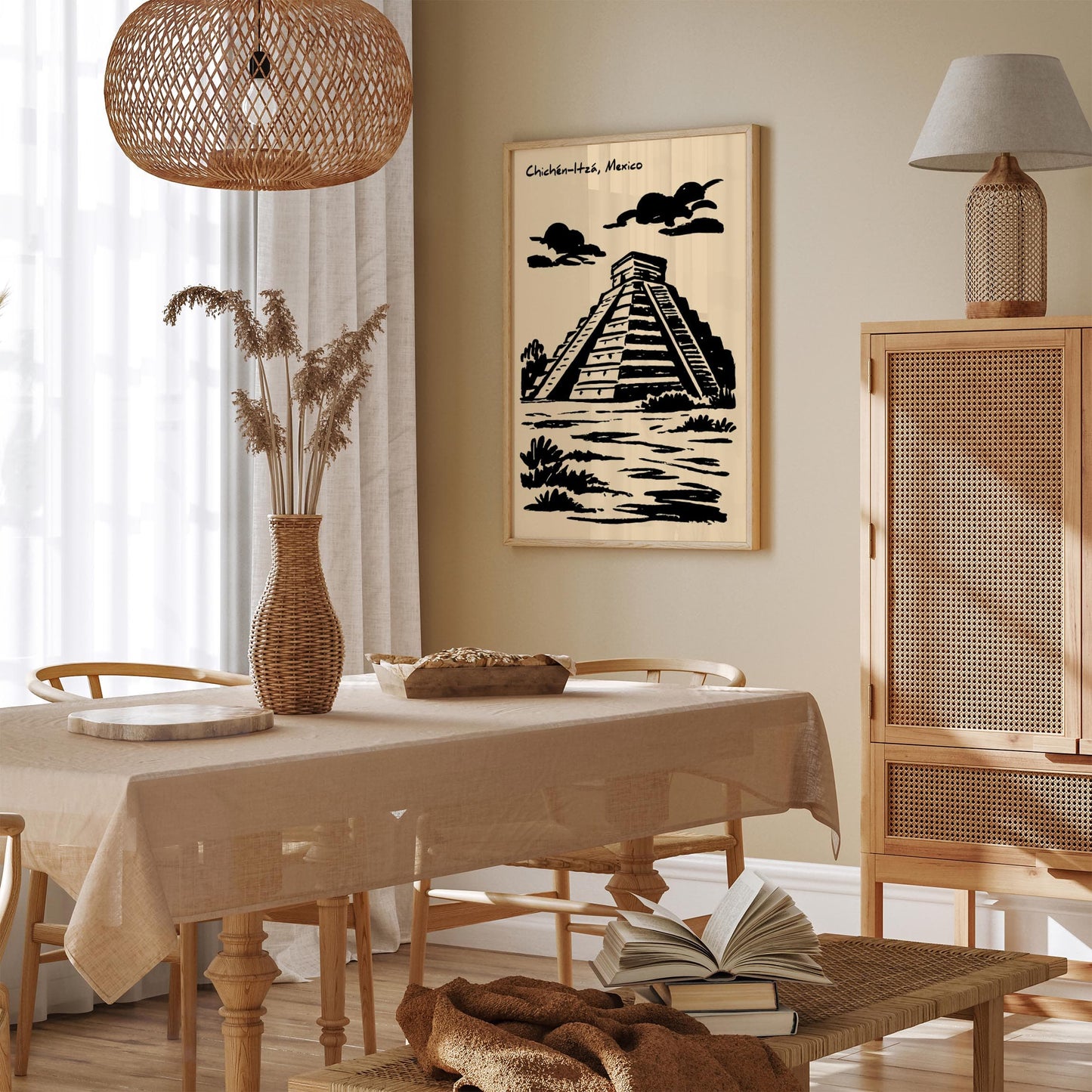 Chichén Itzá Poster - Black Ink Mexico Architecture Print