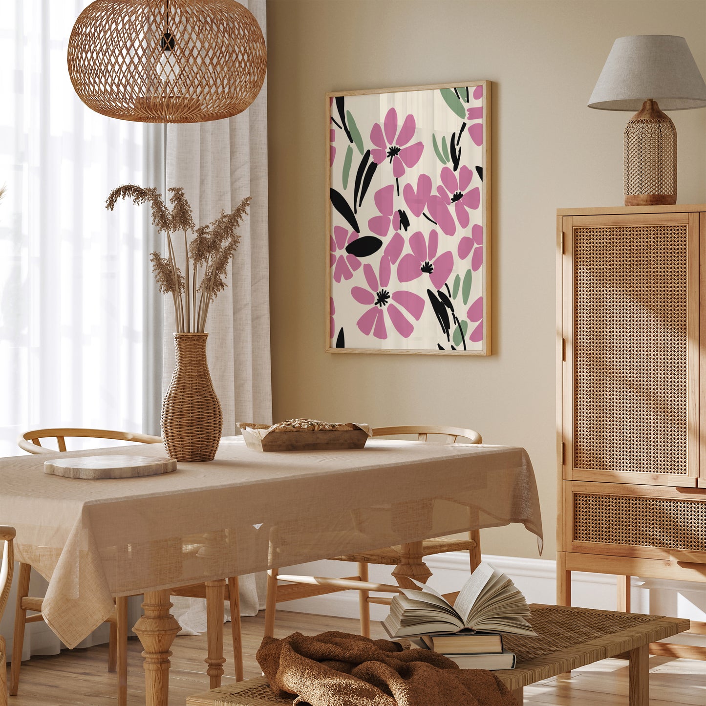 Pink Flowers Living Room Wall Decor