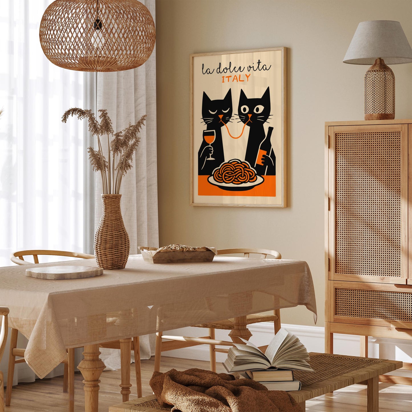 La Dolce Vita Poster - Two Funny Cat Eating Spaghetti Print