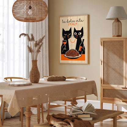 La Dolce Vita Poster - Two Funny Cat Eating Spaghetti Print