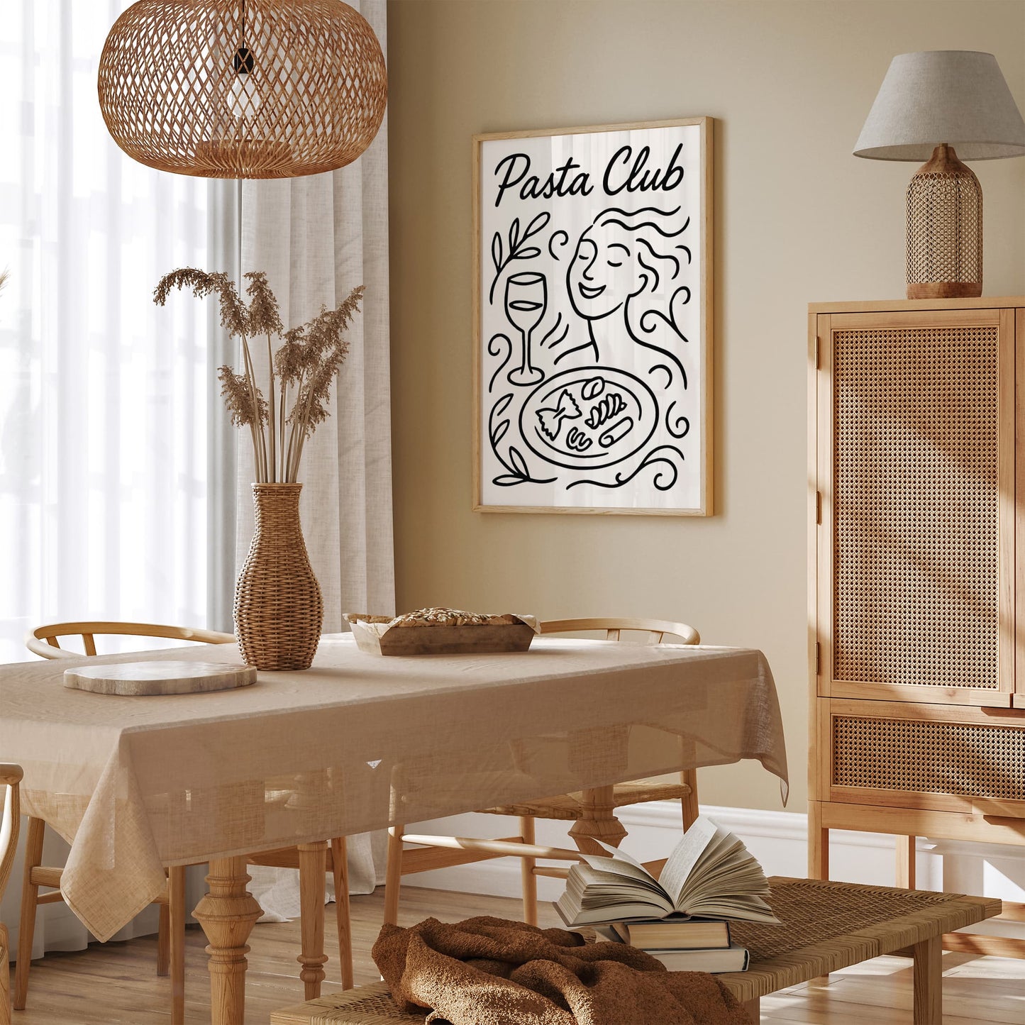 Pasta Club Poster - BW Line Art Italian Food Art Print