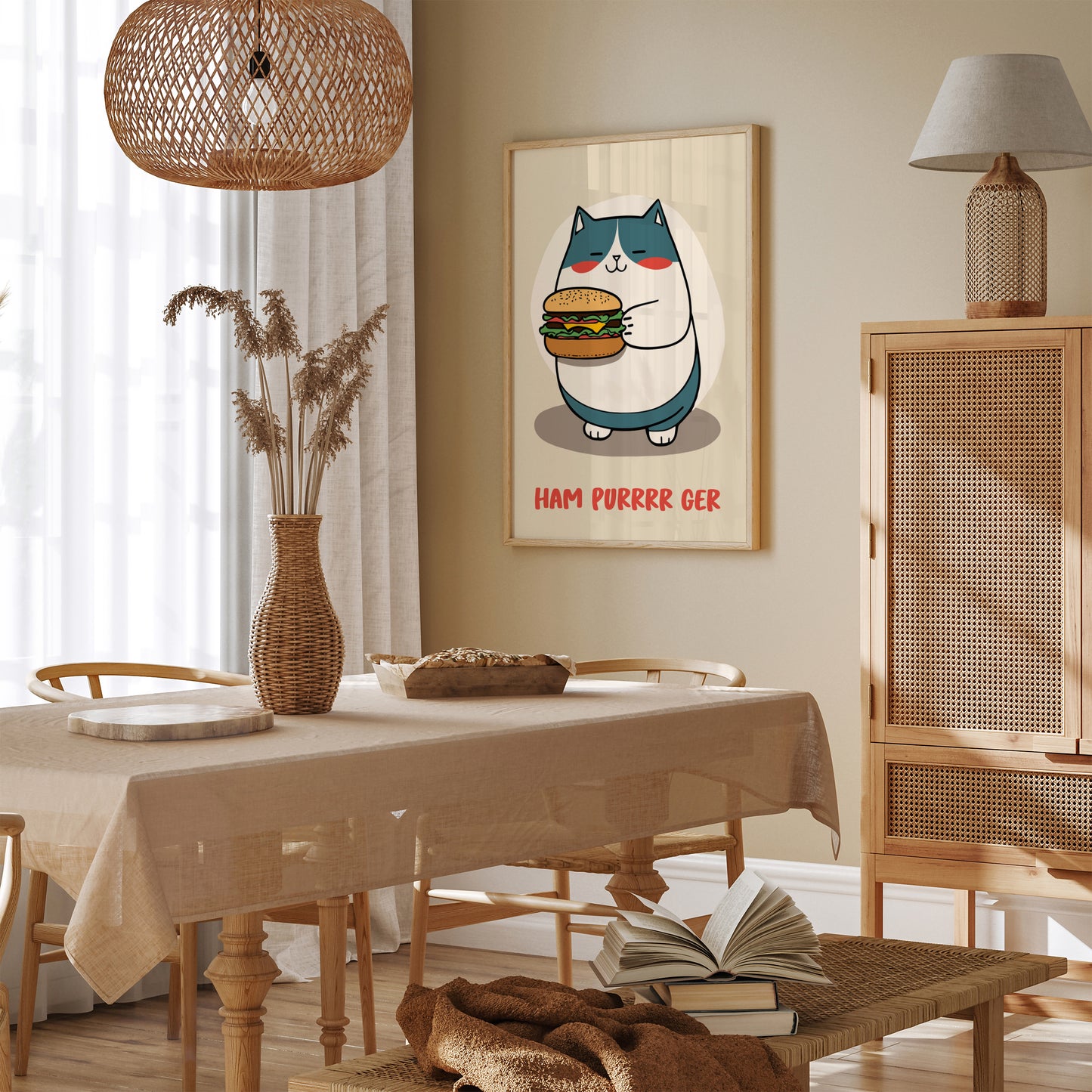 Funny Cartoon Cat with Hamburger Art Print