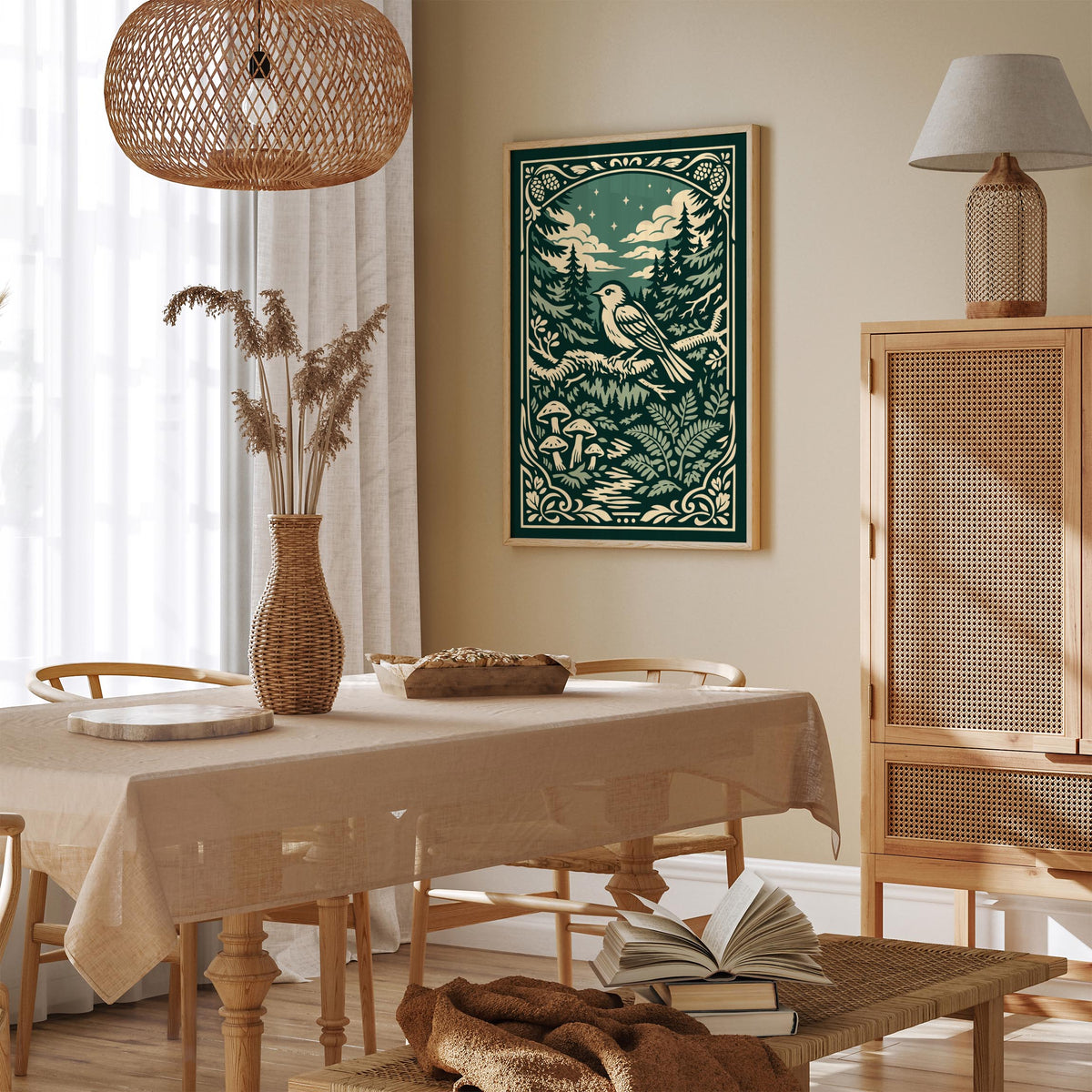 Night Forest Bird Art Poster